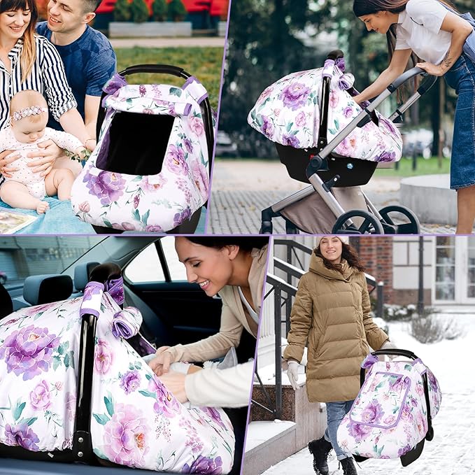 Car Seat Cover Baby, HNHUAMING Infant Car Seat Covers Canopy for Baby Girl Boy, Cozy & Windproof Newborn Carseat Covers Minky Dot Backing Stroller Cover with Breathable Mesh Window, Purple Flower