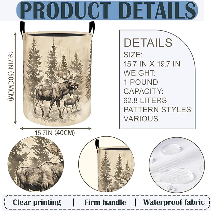 Moose Laundry Basket Hamper 19.7"x15.8", Forest Wildlife Foldable Waterproof Oxford Clothes Storage Bucket for Room Bathroom Bedroom Nursery Decor, Toy Organizer Bins Gifts for Kids Boys Girls