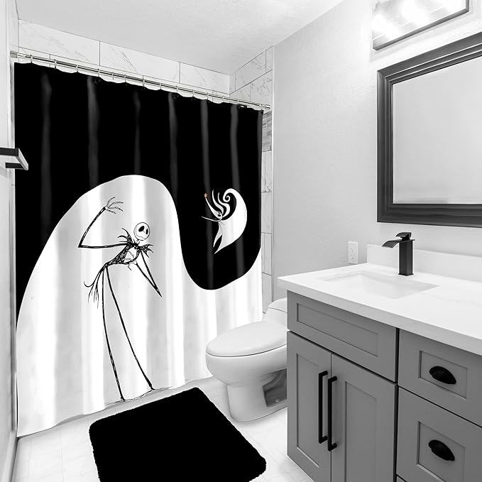 Jay Franco Disney Nightmare Before Christmas Fabric Shower Curtain - Kids Swirl Black and White Bathroom Décor with Jack Skellington and Zero