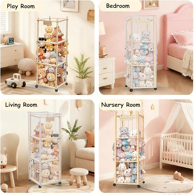 yofit 56 Inch Toy Organizer and Stuffed Animal Storage with Wheels - Zoo Storage Tower with Removable Dust-Proof Cover & Elastic Bands | for Playroom, Bedroom, Living Room Organization