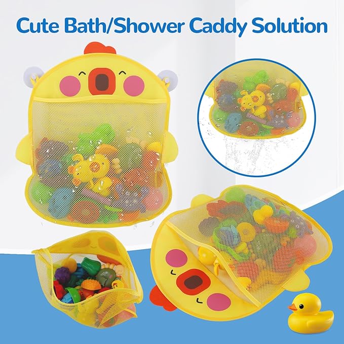 Mesh Bath Toy Organizer & Scoop Set, Cute Bathtub Toy Organizer Net + Bath Toy Scoop + 2 Strong Hooks for Kids & Toddlers Shower Bath Toy Storage