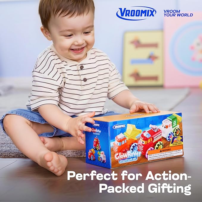 Vroomix Jova GlowRover 3 Pack Monster Truck Toys, City Utility Cars with LED Light Up Wheels, Friction Powered Cars for Toddlers Boys Girls Age 18 Month and Up, Birthday Gifts for Christmas