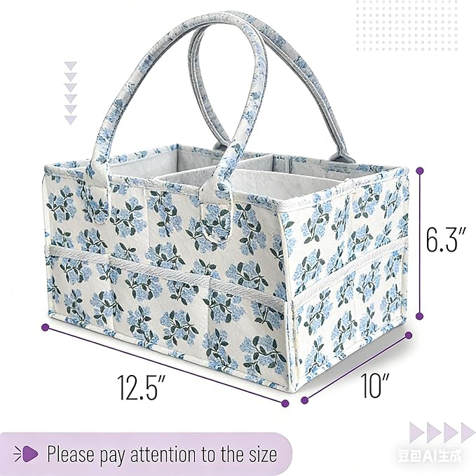 birowtec Floral Diaper Caddy Organizer with Removable Dividers Blue Flower Baby Nappy Caddy for Nursery/Car/Changing Table, Decorative Storage for Newborn Essentials Gift for New Mom