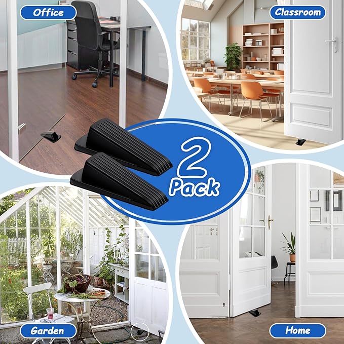 Door Stoppers for Bottom of Door on Floor, Premium Rubber Stoppers Wedge, Door Stops for Carpet Heavy Duty, Door Stoppers for Bottom of on Tile, Concrete, Wooden Floor, Door Gaps (Black, 2 Pack)
