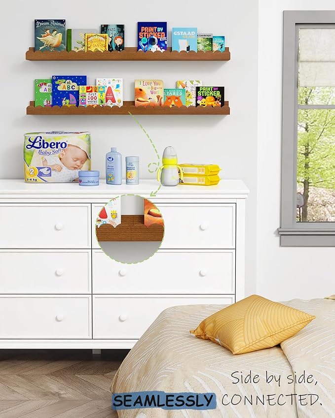 Walnut Nursery Book Shelves Wall Set of 4, Dark Wood Scalloped Floating Bookshelf for Wall, Cloud Wooden Hanging Shelving Unit for Kids Bedroom Baby Child Toddler Room Kitchen (Walnut Brown)