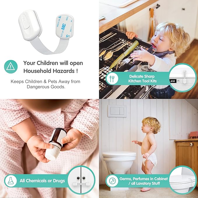 Baby Proof Cabinet Lock & Straps Latches Child Drawer Latches 3M Adhesives Adjustable Non Drilling Safety Cabinet Locks Straps Baby Drawer Locks for Kids Baby Multi-Function 12 Pack (White)