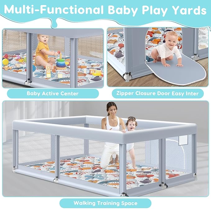 Fshibila 65" ×50" Large Baby Playpen with Mat, Baby Playard for Babies and Toddlers, Play Pens for Indoor & Outdoor, Sturdy Safety Play Yard with Soft Breathable Mesh, Anti-Fall, Grey