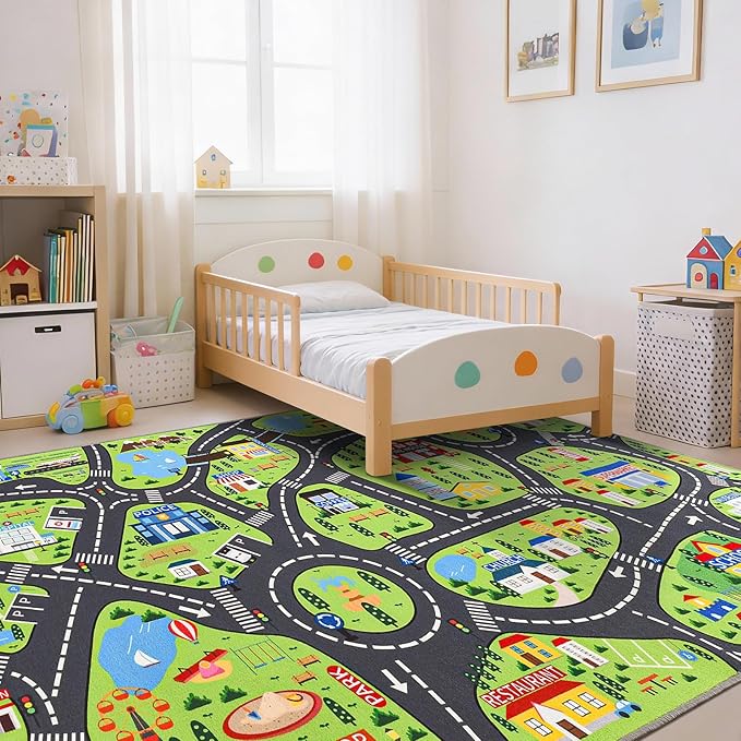 Kids Car Play Rugs - 8x10ft Learning and Fun City Road Map Play Mat for Playing with Cars Trucks, Non-Slip Large Playmat for Nursery, Playroom Bedroom and Classroom, Machine Washable