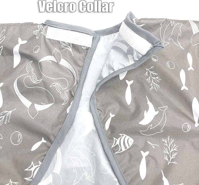 Long Sleeve Baby Bib, Attaches to Highchair, Waterproof & Portable (Gray Seaworld)