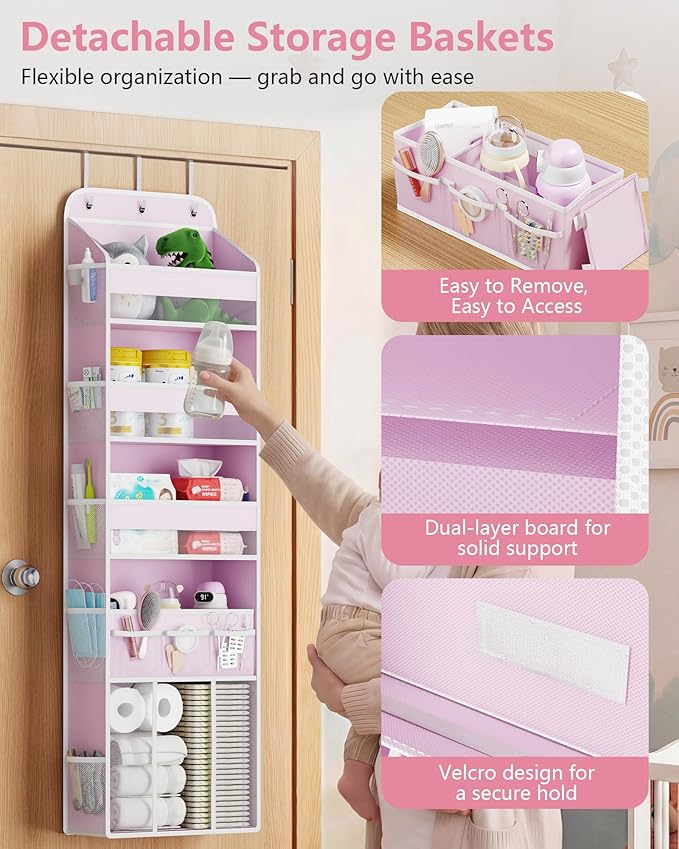 OneDream 5-Tier Over the Door Organizer with Removable Storage Caddy, Baby Clothes Organizer for Nursery, Hanging Behind Door Storage with Clear Pockets and Side Mesh Compartments, Pink