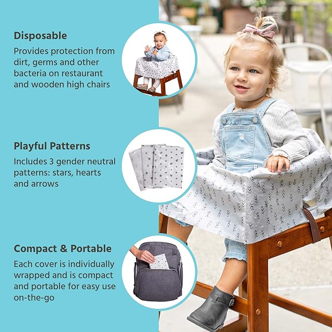 J.L. Childress Healthy Habits by Disposable Restaurant High Chair Cover Individually Wrapped for Travel Convenience, Stars/Hearts/Arrows (Pack of 2)
