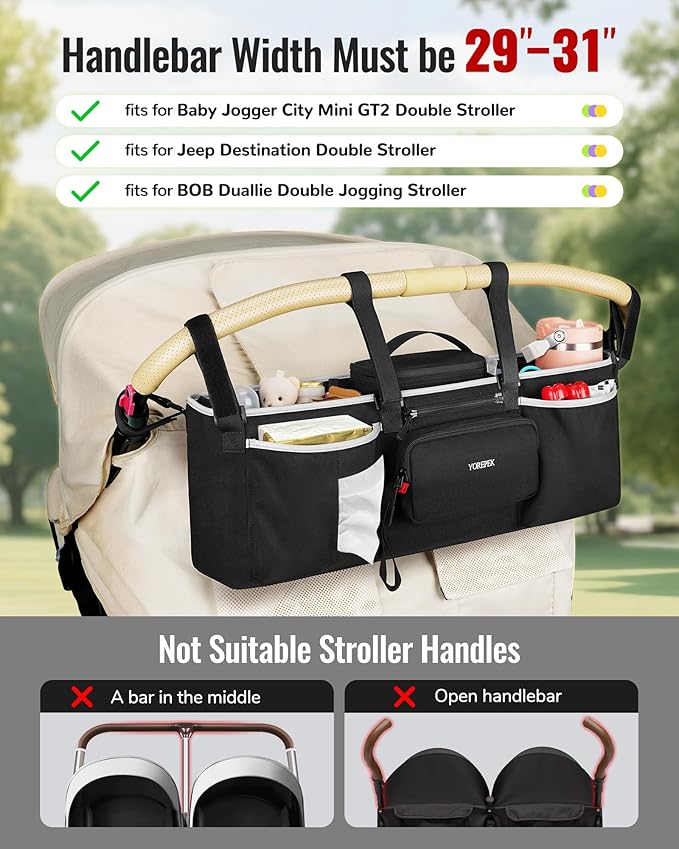 YOREPEK Heavy Duty Double Stroller Organizer for Bob Duallie, Baby Jogger City Mini GT2 and Jeep,Stroller Caddy with Detachable Cooler Bag and Handbag,Stroller Storage Attachment for Baby Accessories