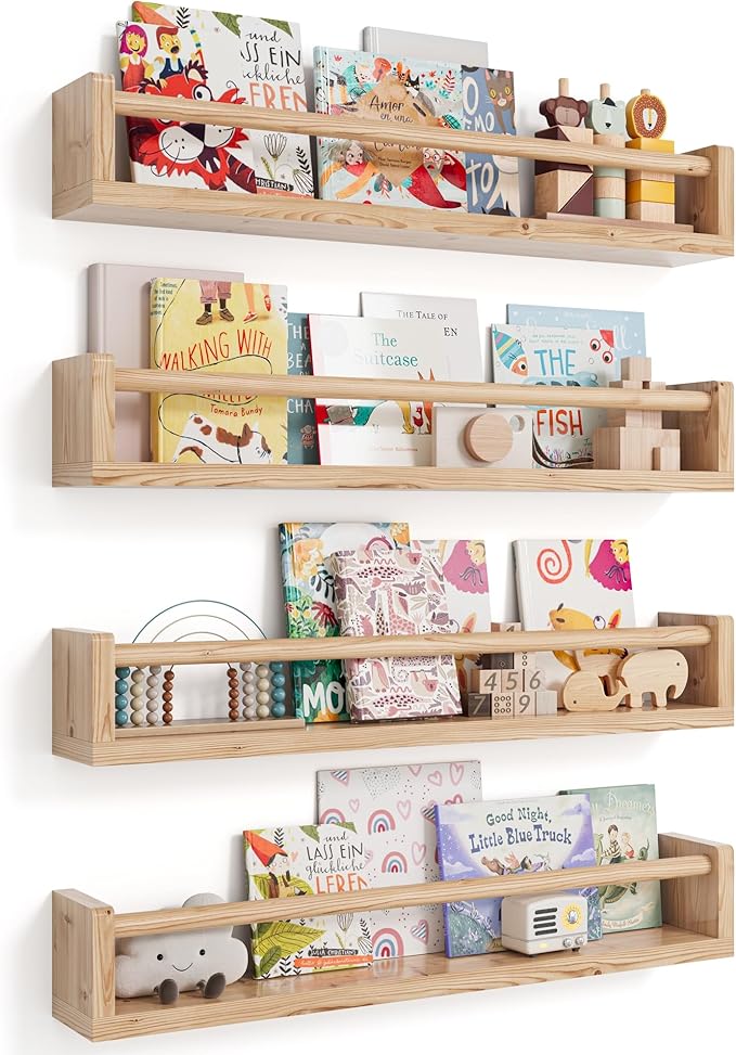 Nursery Book Shelves, 4 Pack, Wall Book Shelves for Kids Room, Baby, Toddler, Nursery Decor (Wood, 23 Inches)