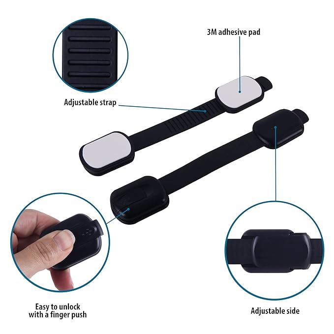 CUTESAFETY - Child Safety Cabinet Locks (6 Pack) – Adjustable Baby Proofing Strap Latches with Strong 3M Adhesive – No Drill Childproof Locks for Drawers, Cabinets, Fridge, Door, Closet, Black