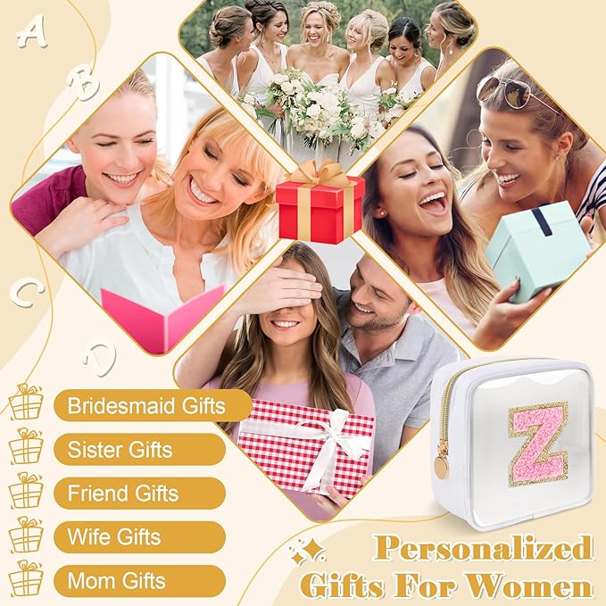 Personalized Initial Letter Clear Preppy Makeup Bag,Mini Nylon Chenille Letter Cosmetic Bag Cute Zipper Pouch Purse for Teen Girls,Portable TSA Approved Beach Travel Essentials Bag Gift for Women,Z