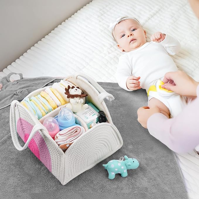 JMBNH Baby Diaper Caddy- With Removable Dividers, Nursery Storage Bin and Car Organizer,Boy & Girl Shower Gift Basket,Portable Organizer,Nursery Essentials-Rainbow Pink