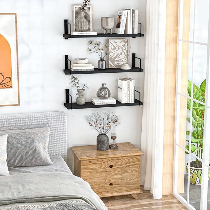 Floating Shelves - 24 Inch Wall Mounted Set of 3, Rustic Wood Storage Shelves for Living Room (Black)