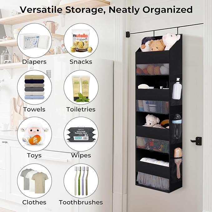GRANNY SAYS Over The Door Organizer, 4-Shelf Waterproof Behind Door Storage with 6 Pockets and Clear Window, Anti Tilt 35lb Large Capacity Hanging Organizer for Baby Diapers, Toys Storage, Black