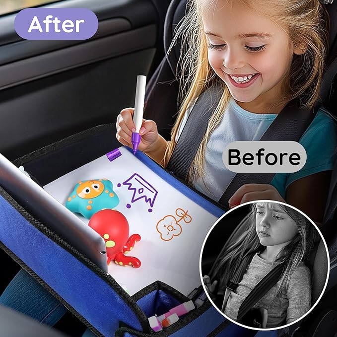 Kids Travel Tray, 2Pcs Kids Travel Trays for Car Seat, Road Trip Essentials for Toddler, Carseat Lap Tray Organizer for Road Trip, Airplane Activities for Kid, Blue