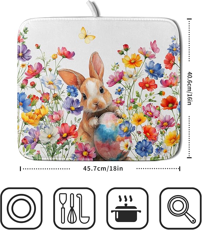 Spring Easter Rabbit Egg Dish Drying Mat for Kitchen Counter,Colorful Flowers Butterfly Drying Mat 16 x 18 Inch with High Absorbent Microfiber Drainer Mat for Coffee Bar