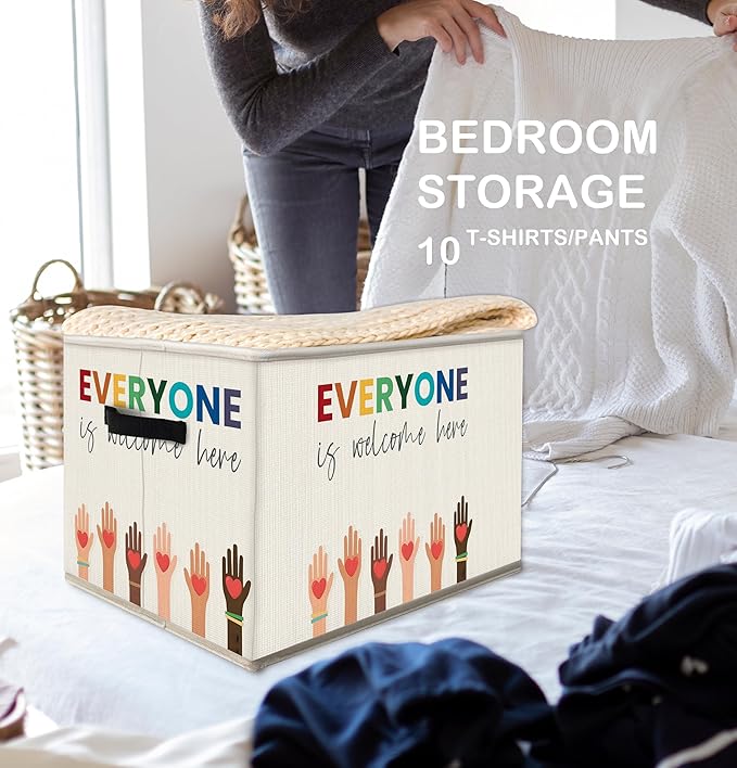 FDHSPAAM Everyone is Welcome Here Storage Bins Box with Handles, Diversity and Equality Inspirational Collapsible Fabric Storage Basket Box Organizer for Nursery Classroom Office Books