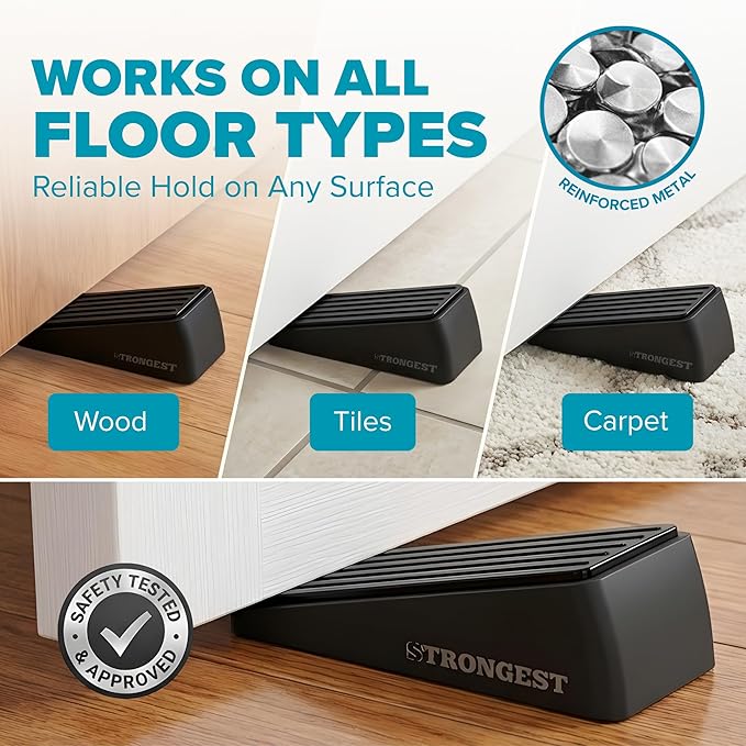 Strongest Home Heavy Duty Door Stop Wedge Made of Premium Quality Zinc and Rubber Suits Any Door, Any Floor. Set of 4 and Additional Self-Adhesive Wall Protectors