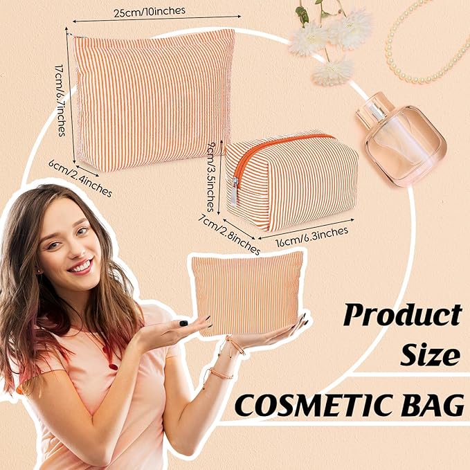 2 Pcs Makeup Bag Set Cute Cosmetic Pouch for Women Seersucker Travel Toiletry Bag Preppy Small Makeup Purse Pouch Aesthetic Skincare Brushes Storage Organizer for Valentine Women(Orange)