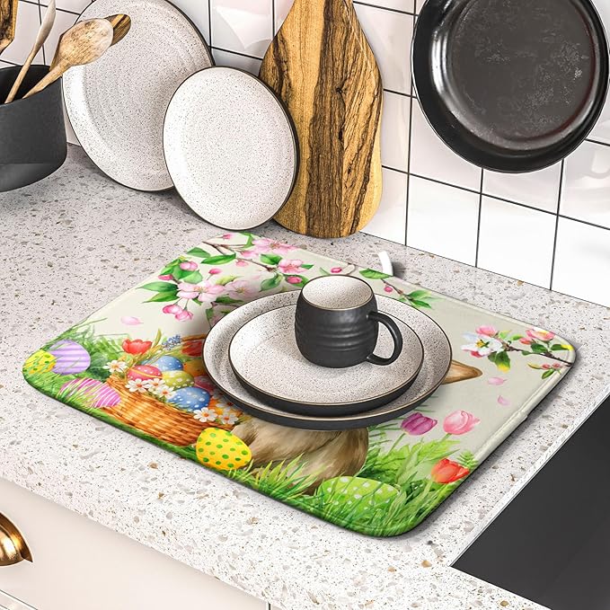 Easter Bunny Colorful Eggs Dish Drying Mat for Kitchen Counter,Spring Flowers Green Grass Drying Mat 16 x 18 Inch with High Absorbent Microfiber Drainer Mat for Coffee Bar