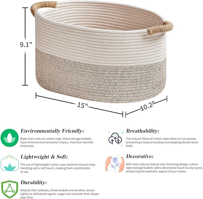 R RUNKA Storage Baskets for Organizing | 15"x10.2"x9.1" - 1 Pack Nursery Bin with Handles - Woven Cotton Rope Baskets for Dog Toys, Books, Shelf, Bathroom,Closet -Stylish Storage | White & Beige