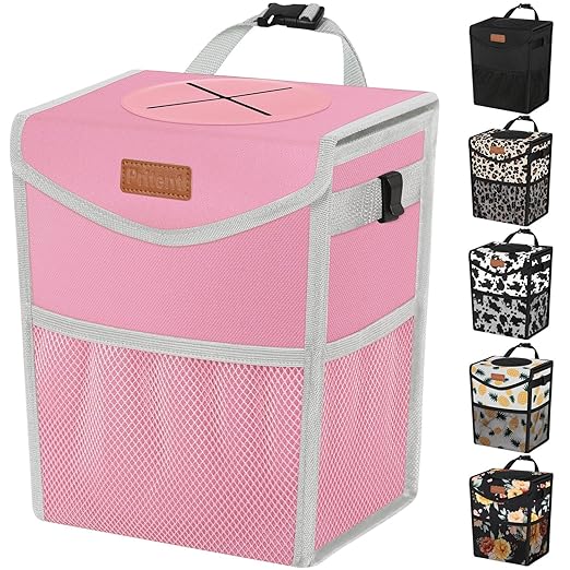 Car Trash Can with Lid, Cute Leakproof Car Trash Garbage Bag Hanging Vehicle Trash Bin Small Portable Automotive Garbage Cans Organizer for Back/Front Seat/Console(2.8 gal,Pink