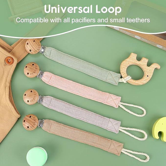 TYRY.HU Ribbon Pacifier Clip Holder,4 Pack Binky Paci Holder Clips, Pacifier Leash for Boys and Girls, Fabric Pacifier Strap Universal Fits for Most Pacifier, Styles & Teethers(Khaki,Grey,Green,Pink)