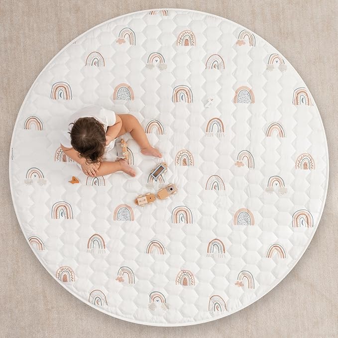 Comfy Cubs Round Kids Play Mat - Large 60 inches Soft Quilted Baby Floor Mat with Non-Slip Bottom - Plush Design for Toddlers' Playtime - Comfortable and Durable - Rainbow