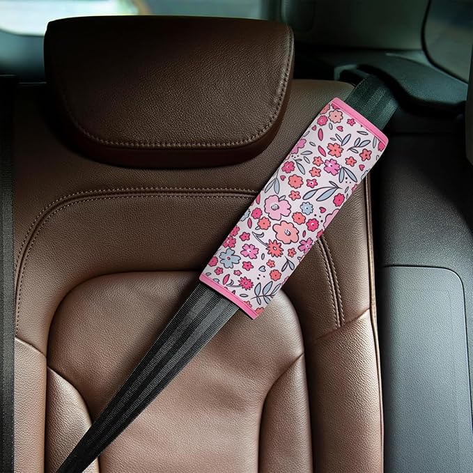 YR Seat Belt Cover for Kids, Soft Comfort Seat Belt Cushion for Children, Cute Cartoon Pattern Car Seat Belt Pads Cover for Girls and Boys, 1 Pack (Pink Floral)