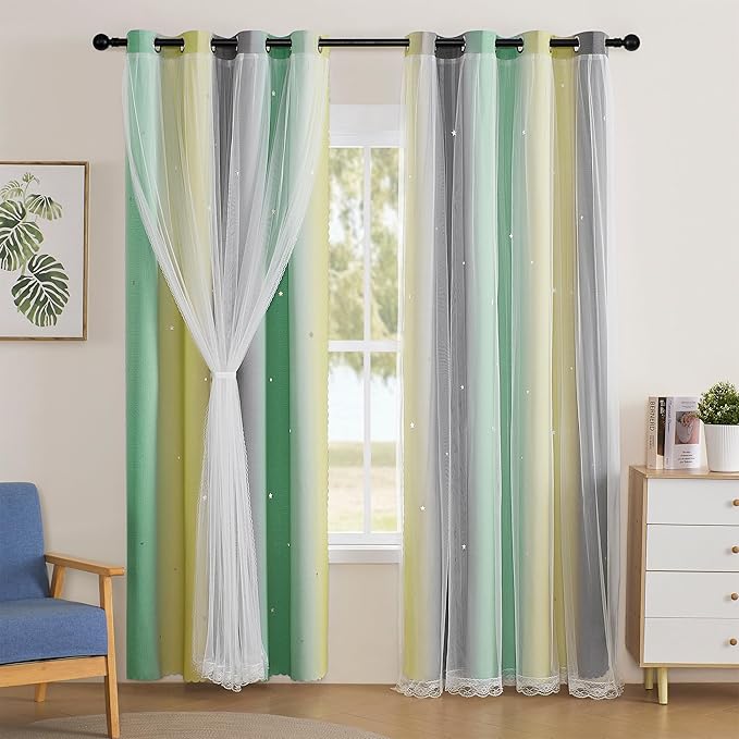 XiDi Curtains for Bedroom Decor, Rainbow GreenYellowGrey52/96/1