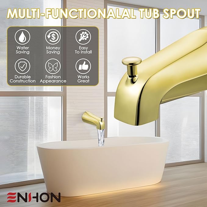 Enhon Slip on Tub Spout with Diverter, Compatible with American Standard 8888026.002 Tub Spout, Bathroom Bathtub Faucet, Fits 1/2 Copper Water Tube(5/8 Dia), 5/32 Hex Wrench(Polished Brass,1)