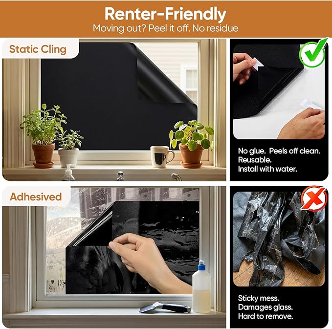 SUNBABY Blackout Window Film, 100% Light Blocking for Daytime Sleep, Total Privacy & UV Sun Blocking, Static Cling No Glue Cover for Bedroom, Nursery, Home Theater, 23.6 x 78.7 Inch with 3 Tools