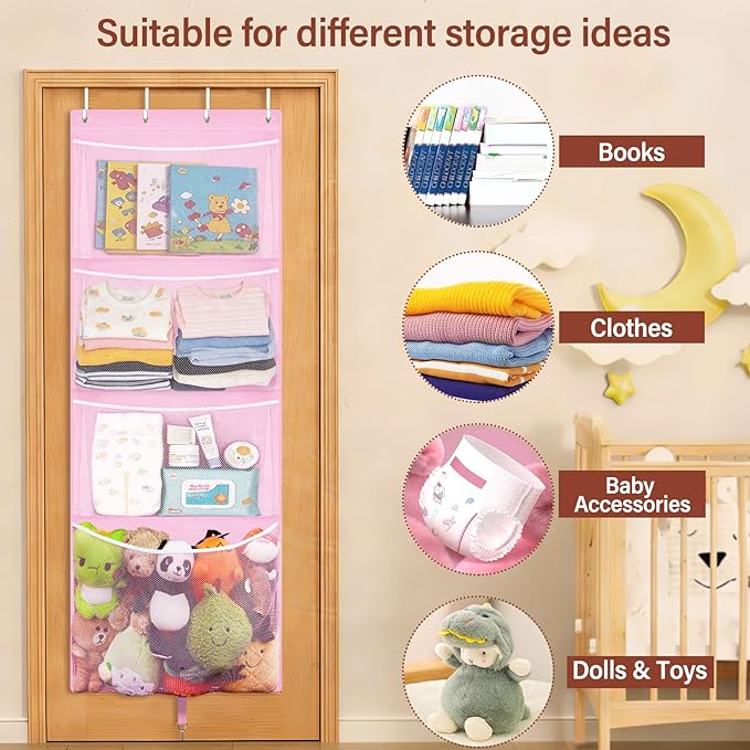 Woodoulogy Hanging Stuffed Animal Storage, Over Door Large Plush Toy Organizer with Metal Hook, Baby Accessory Holder Idea for Nursery, Doll & Bear Mesh Hammock Bag for Girl Boy Kid Room