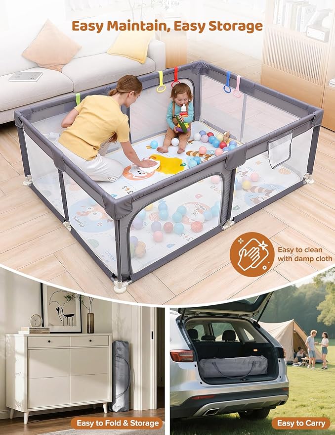 Dripex Baby Playpen with Mat, 71"x47" Play Pen for Toddlers 1-3 Years, Soft Breathable Visible Mesh, Indoor/Outdoor Portable Play Yard with Mat, Safe Baby Fence Play Area, Light Grey