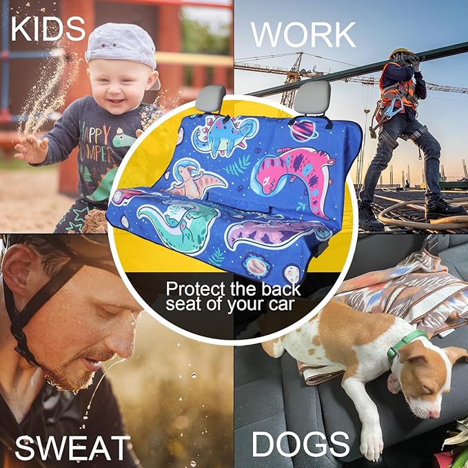 LoyaGour Back Seat Cover for Car Trucks Van SUV,Waterproof Rear Bench Towel Seat Covers for Dogs and Kids,Automotive Backseat Protector (Cartoon Dinosaur)