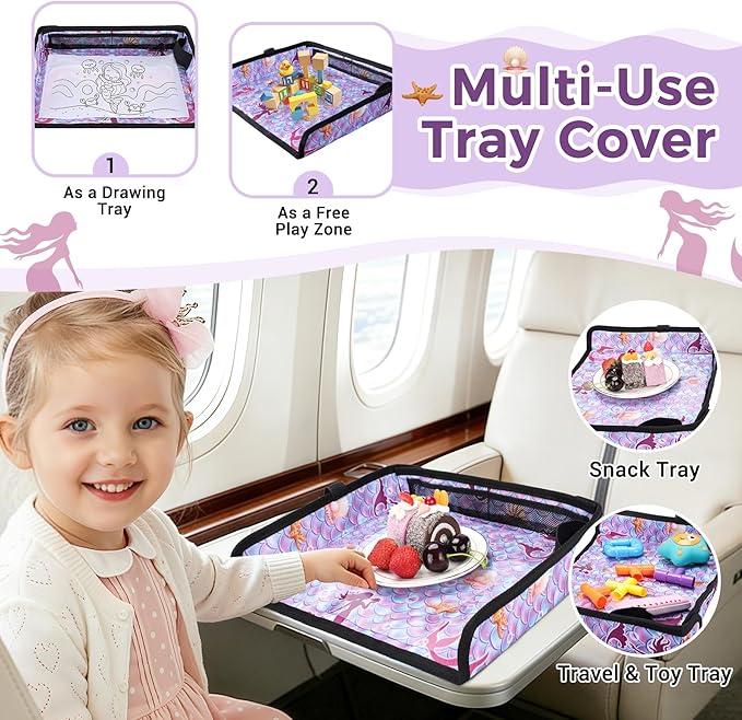 COOLBEBE Airplane Tray Table Cover, Foldable Travel Tray Cover for Toddlers 1-3, Universal Fit for Airplane, Car Seat, High Chair, Machine Washable, Mermaid