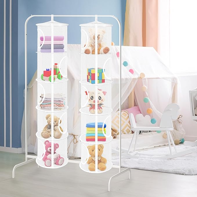 Libeder Mesh Hanging Storage Space Saver Bags Organizer,Foldable Storage Organizer 5 Compartments Toy Storage Basket for Kids Room Bathroom 2 Sets, White