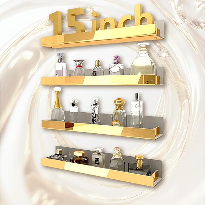 RORKIM 4 Pack 15 Inch Gold Reflective Acrylic Shelves, Gold Foating Shelves, Modern Sunglasses Essential Oil Picture Ledge Display Toy Storage Shelf