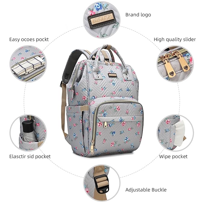GAIVP Diaper Bag Backpack for Women, Baby Bags for Girls,Diaper Bag with Changing Pad, and Insulated Pockets-Grey Flowers