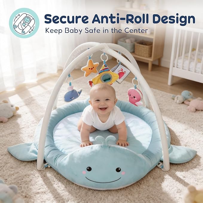 Baby Play Mat, Whale Tummy Time Mat with Toys, Baby Activity Gym for Infants 0–12 Months Sensory Floor Mat for Boys & Girls