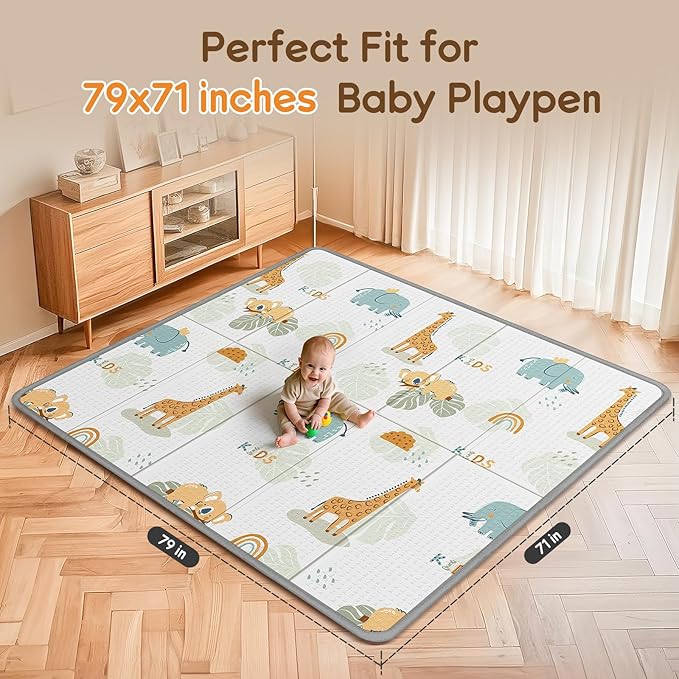 Foldable Baby Play Mat for Floor, PIGLOG 79x71 Extra Large Crawiling Play Mat for Babies, Waterproof & Portable Tummy Time and Non-Toxic Soft Foam Playmat for Infants, Toddlers
