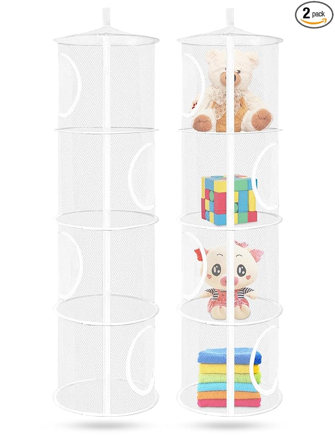 Libeder Mesh Hanging Storage Space Saver Bags Organizer,Foldable Storage Organizer 4 Compartments Toy Storage Basket for Kids Room Bathroom 2 Sets, White