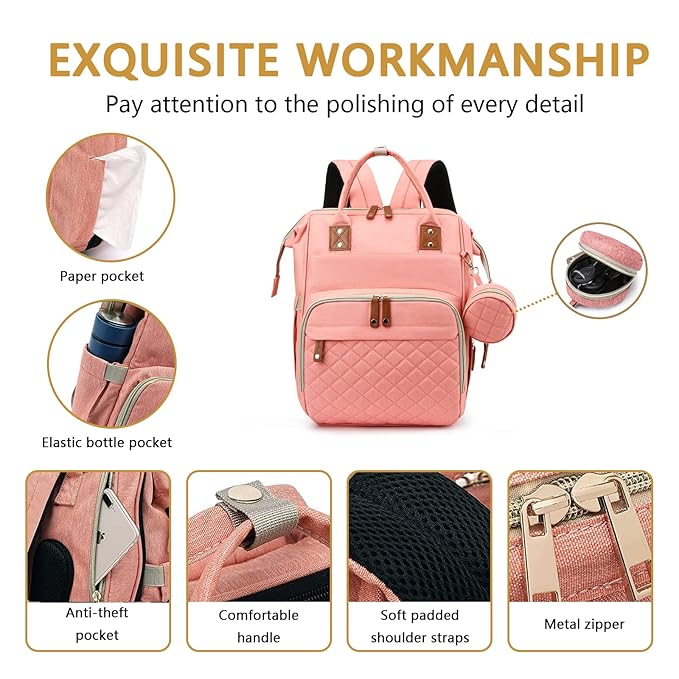 GurZinn Diaper Bag Backpack with Changing Station Portable 3 in 1 Multifunction Backpack Travel mommy bag Stroller Pink