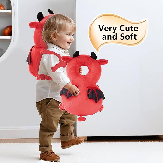 Baby Head Back Protector Backpack Toddler Safety Protector Cushion Pad Soft, Adjustable and Lightweight Design for Safe Walking and Crawling Toddlers Girls and Boys(Red Devil)
