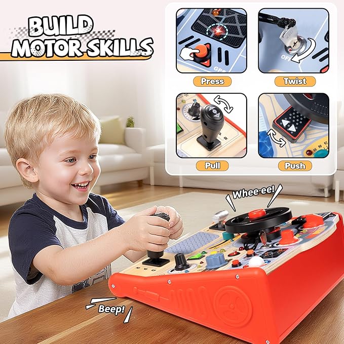 Toddler Busy Board Toy for Steering Wheel with Sounds & Lights, Sensory Montessori Toy for 3 Year Old Boys Girls Birthday Present, Wooden Travel Toys for Kids Ages 3