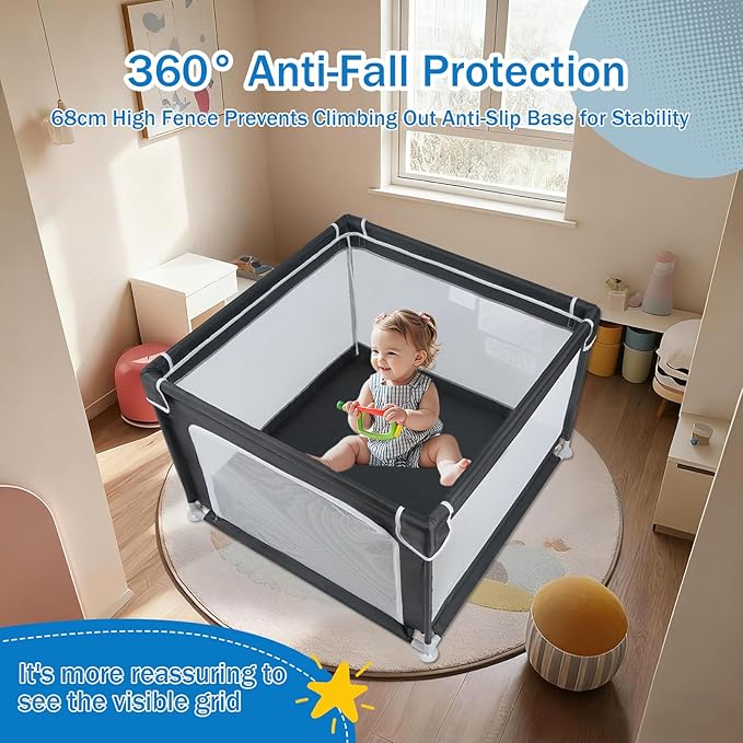 Baby Playpen for Babies and Toddlers,Small Baby Fence Floor Yard,Soft Breathable Mesh, Anti-Slip Base, Mini Play Yard with Pull-Up Ring Safe Anti-Fall Play Yard with Gates,36"X36"in